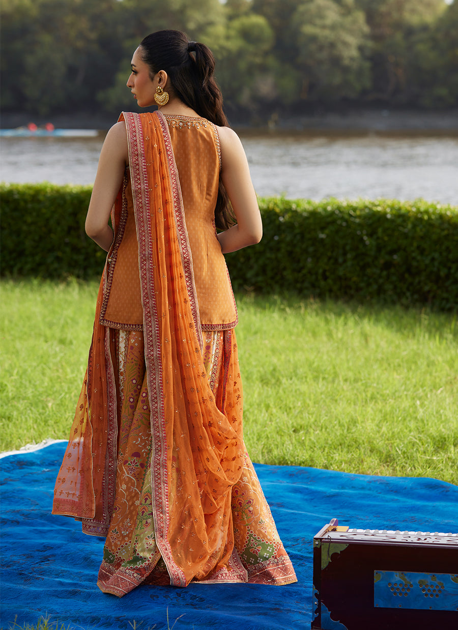 Sitar Saffron Shirt, Dupatta and Lehenga